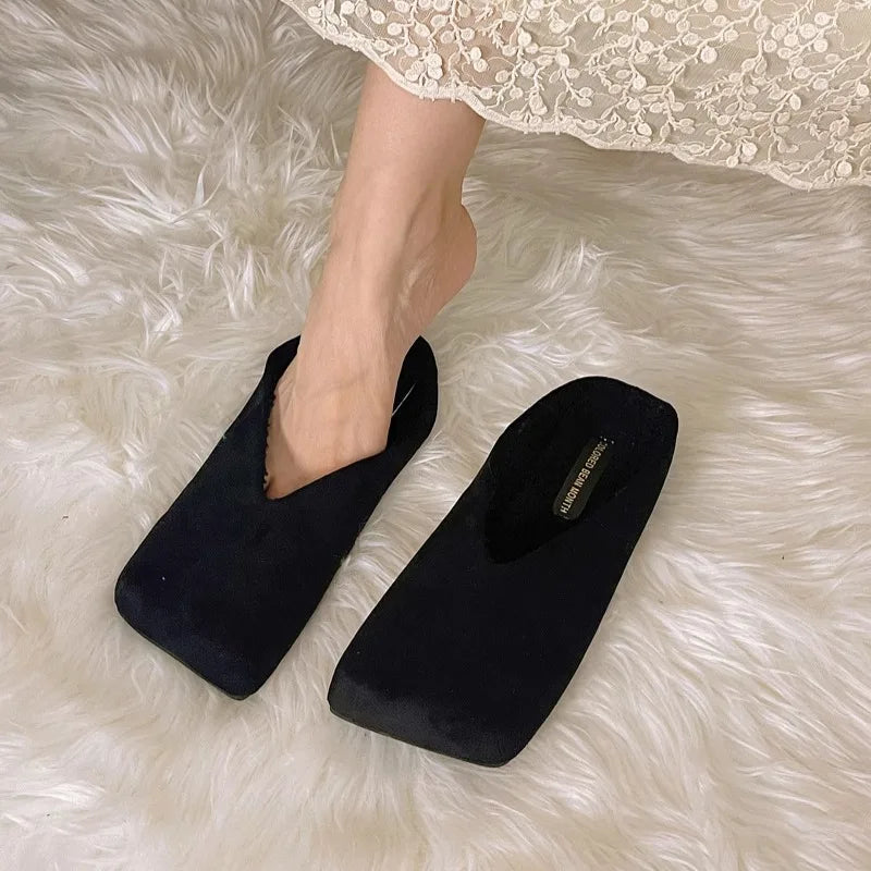 Suede Flats Women Cotton Slippers Square Toe Fashion Mules Shoes Casual Slingback Women's Winter Boots Trend Mujer Zapatos
