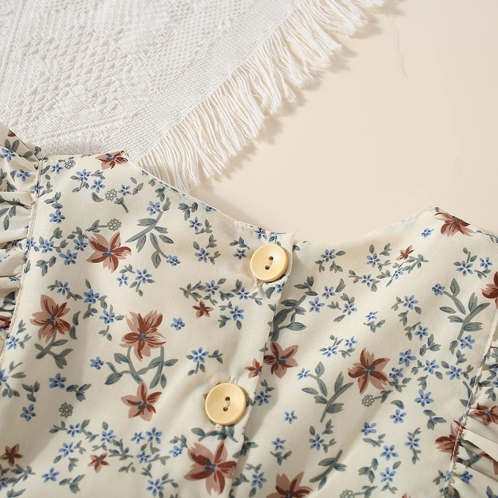 Girls' Floral Ruffle Flying Sleeve Casual Dress