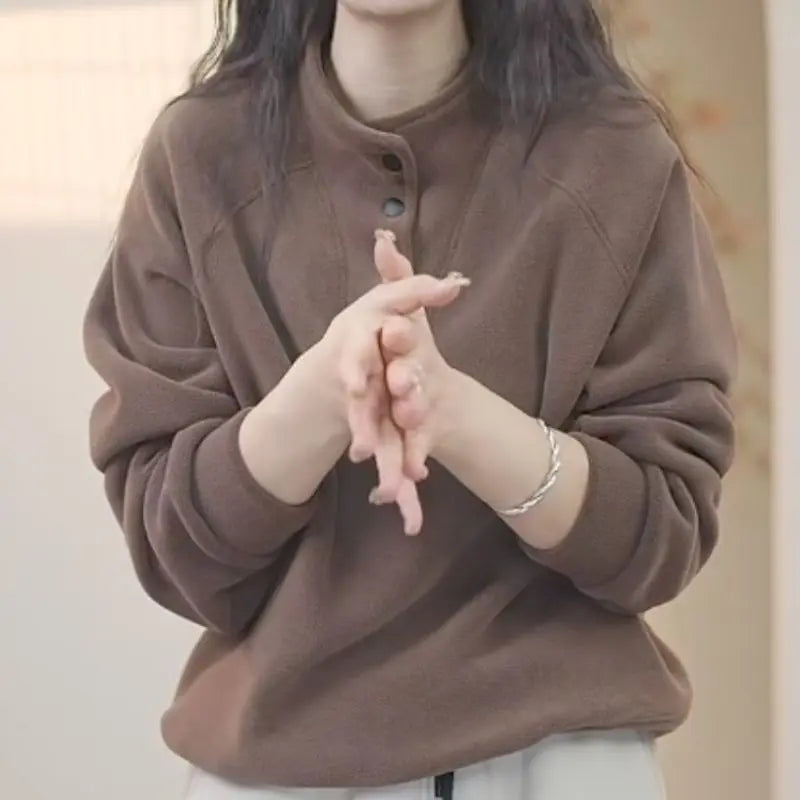 No Hat Hoodies Women Autumn College Basic Solid Casual All-match Stand Collar Button Trendy High Street Korean Style Mujer Cozy