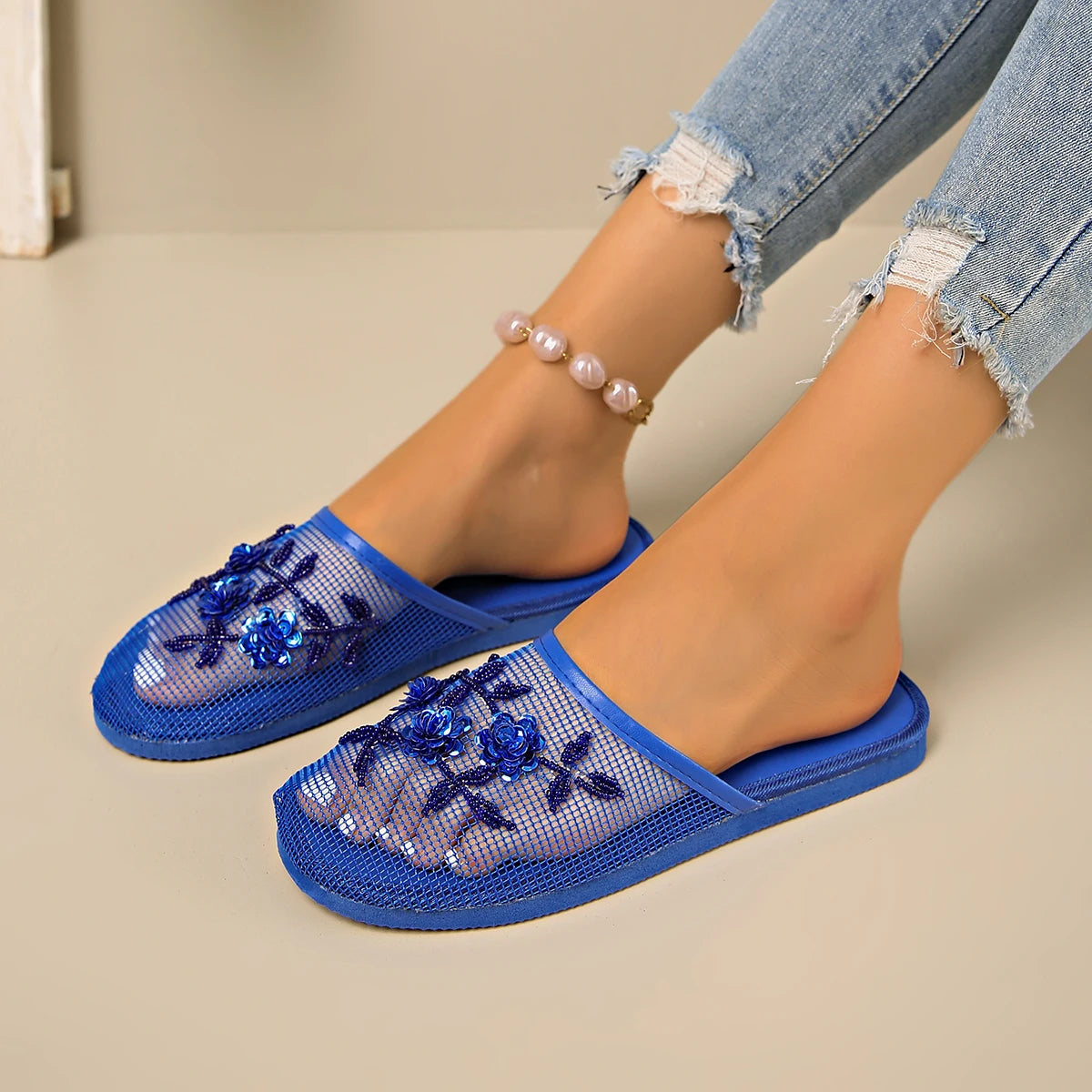 Shoes for Women 2025 Hot Sale Baotou Women's Slippers Fashion Crystal Floral Daily Slippers Women New Mesh Flat Slippers Zapatos