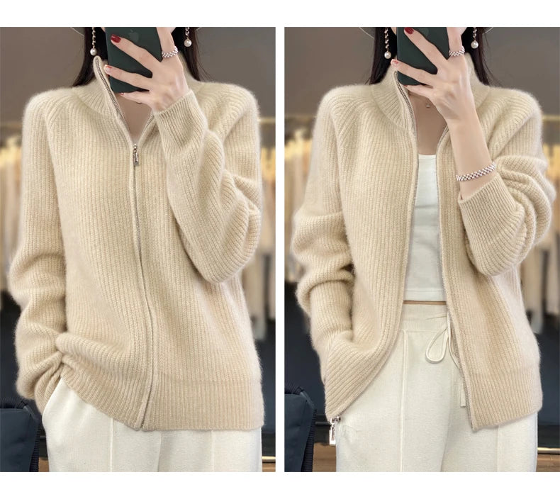 100% Pure Wool Zipper Cardigan Padded Shoulder Stand Collar Women's Cashmere Knitted Coat New Lapel Sweater