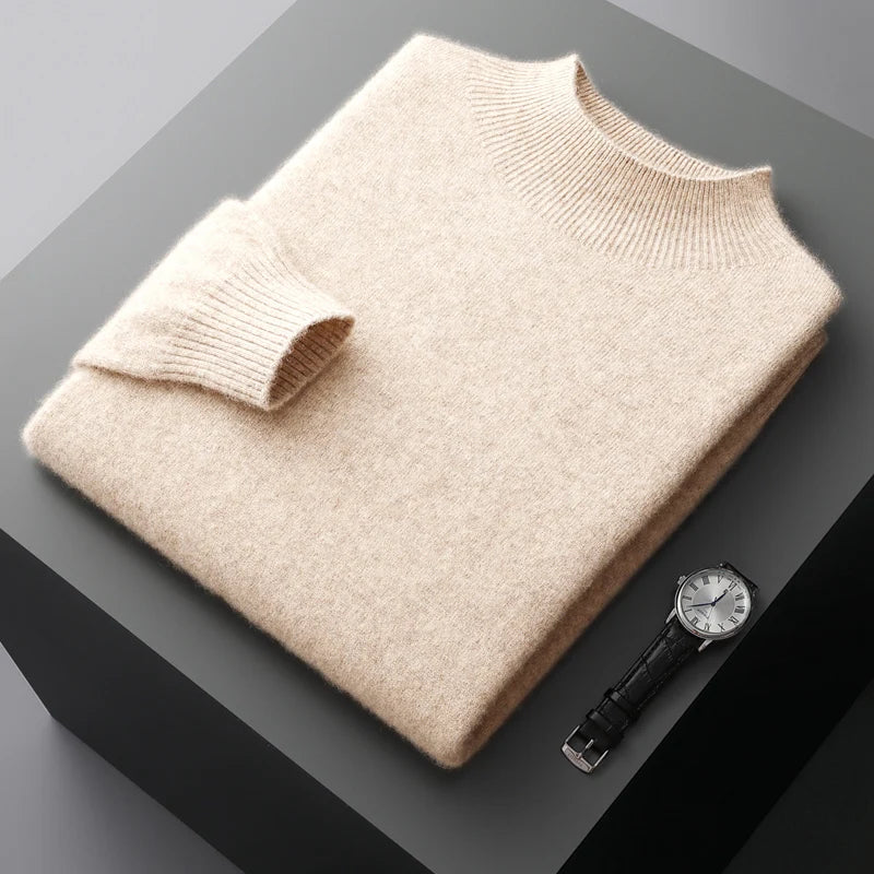 New Men's 100% Merino Wool Mock Neck Pullover Soft Warm Jumpers Quality Cashmere Sweater Casual Smart Knitwear Basic Tops Clothi