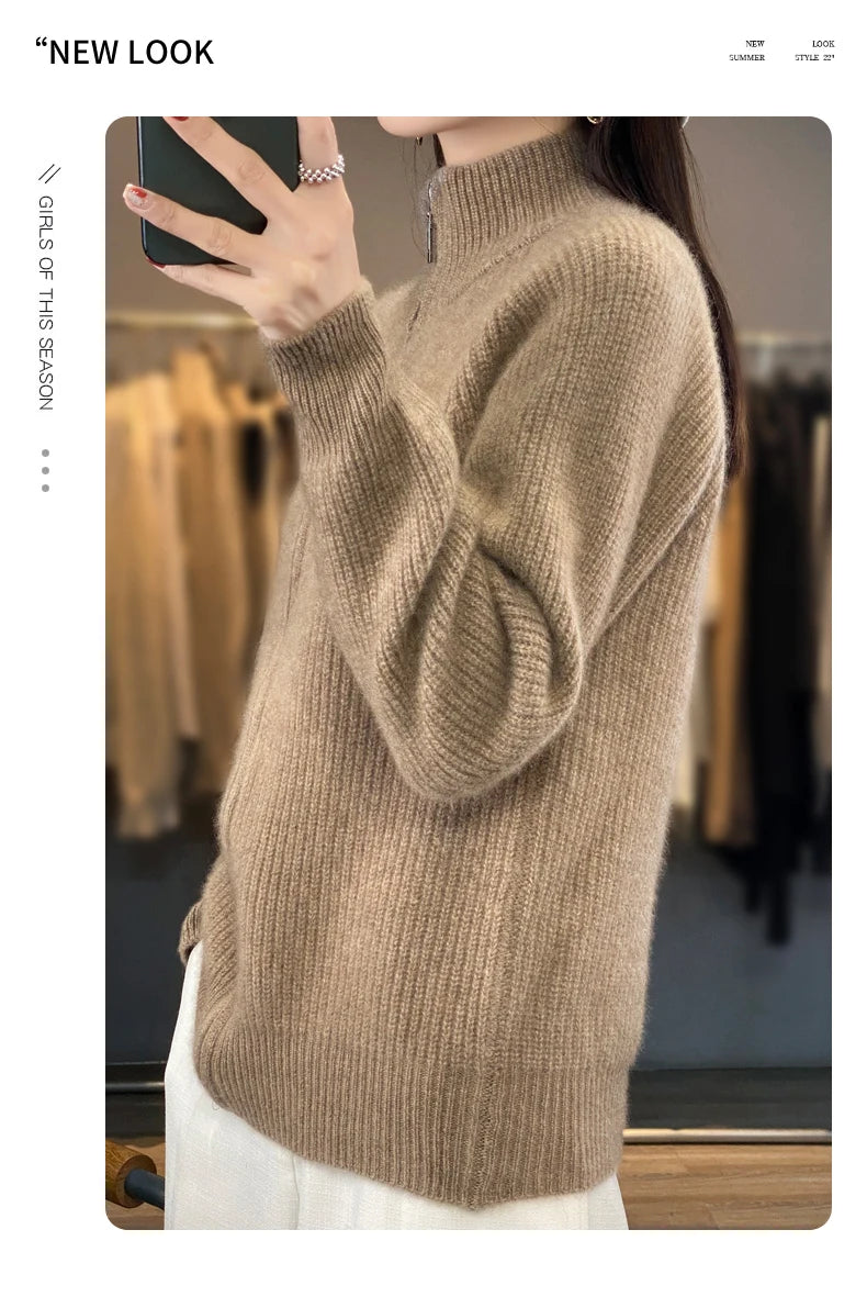 100% Pure Wool Zipper Cardigan Padded Shoulder Stand Collar Women's Cashmere Knitted Coat New Lapel Sweater