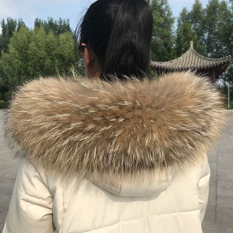 100% Real Fur Collar Luxury Warm Natural Raccoon Fur Scarf Women Genuine Fur Collar Scarves Large Fur Shawl Male Jacket Coat