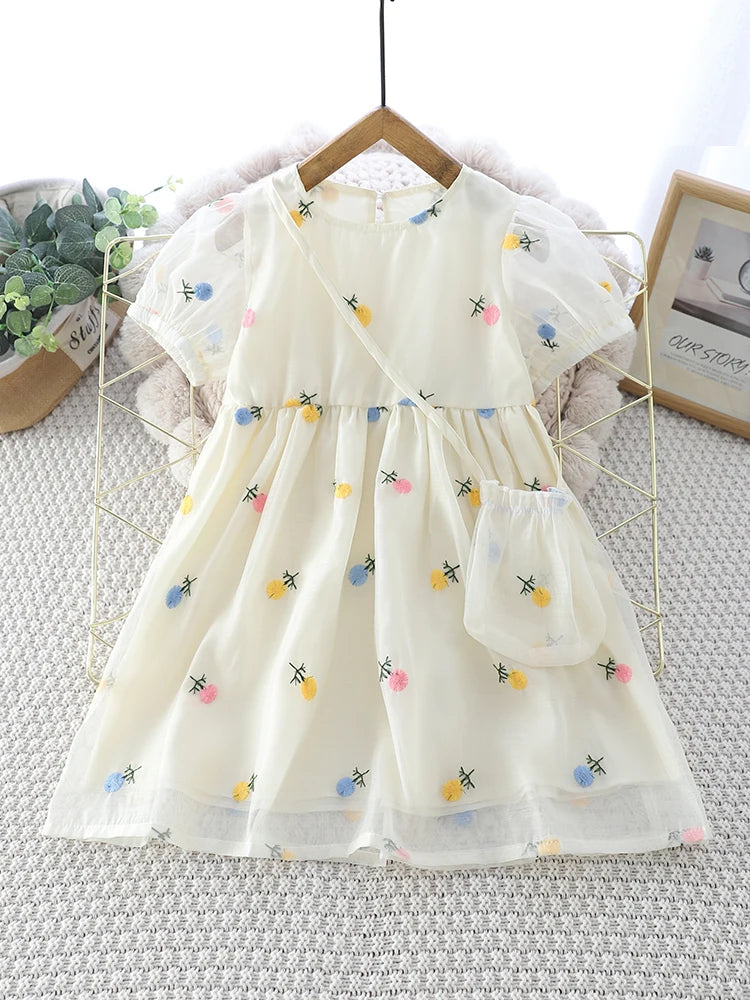 Girls' Flower Embroidery Dress with Bag