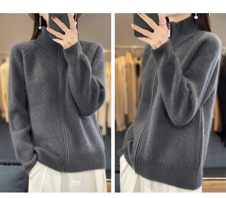 100% Pure Wool Zipper Cardigan Padded Shoulder Stand Collar Women's Cashmere Knitted Coat New Lapel Sweater