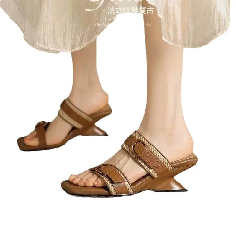 Vintage Braided Belt Buckle Open Toe Wedges Women's Summer New Square-toed High-heeled Slippers