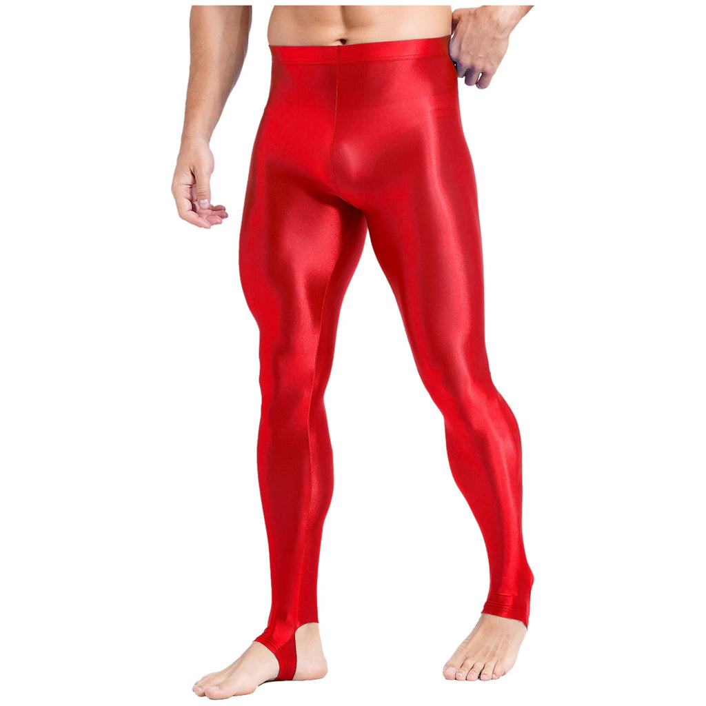 Mens Glossy Sports Pants Stirrup Leggings High Waist Elastic Waist Tights Gym Workout Pants Tummy Control Yoga Fitness Pants