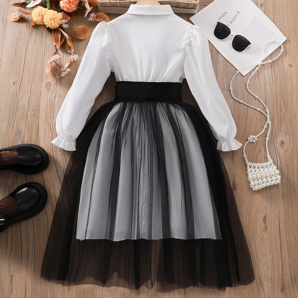 Girls' Lapel Mesh Patchwork Dress
