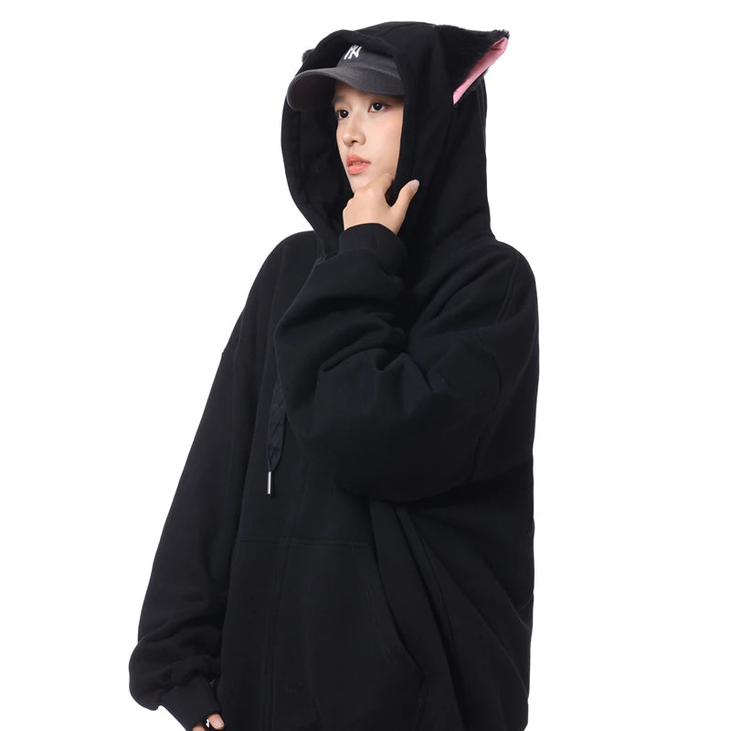 Fall Women's Fashion Zipper Cat Ears Hoodie Jacket Y2k Solid Color Cardigan Long Sleeve Oversized Hoodies for Female Sweatshirt