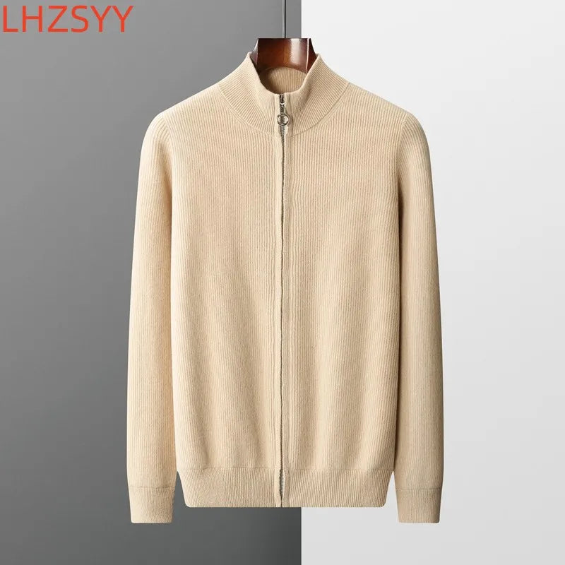 LHZSYY Men's Cashmere Knit Cardigan Middle-Aged Stand-up Collar Zip-up Coat 100%Pure Wool Autumn Winter Thick Sweater Men Jacket