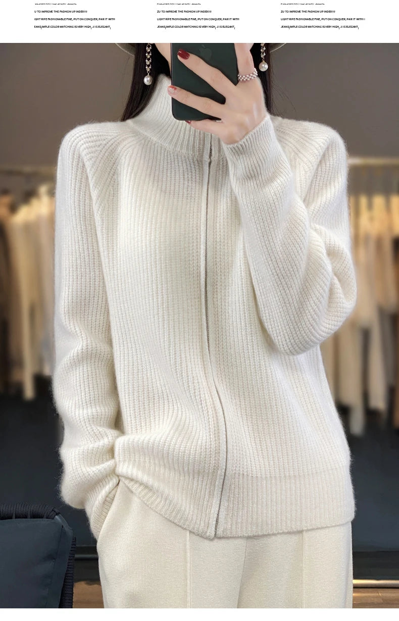 100% Pure Wool Zipper Cardigan Padded Shoulder Stand Collar Women's Cashmere Knitted Coat New Lapel Sweater