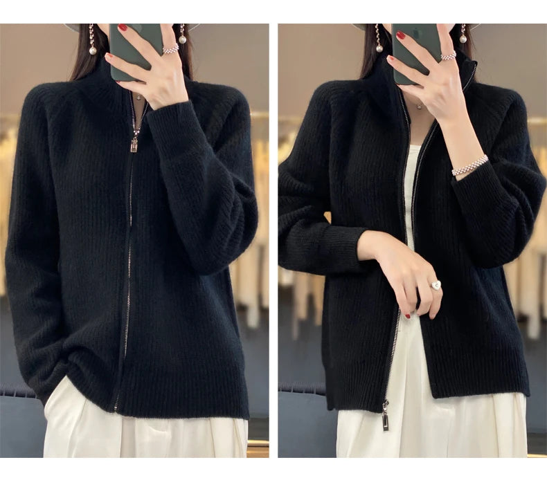 100% Pure Wool Zipper Cardigan Padded Shoulder Stand Collar Women's Cashmere Knitted Coat New Lapel Sweater