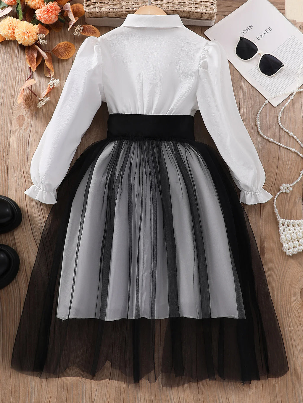 Girls' Lapel Mesh Patchwork Dress