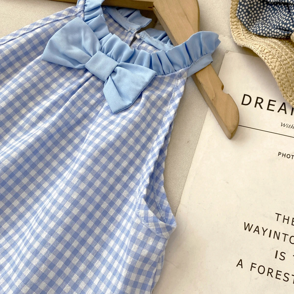 Girls' Checkered Bow Halter Neck Dress