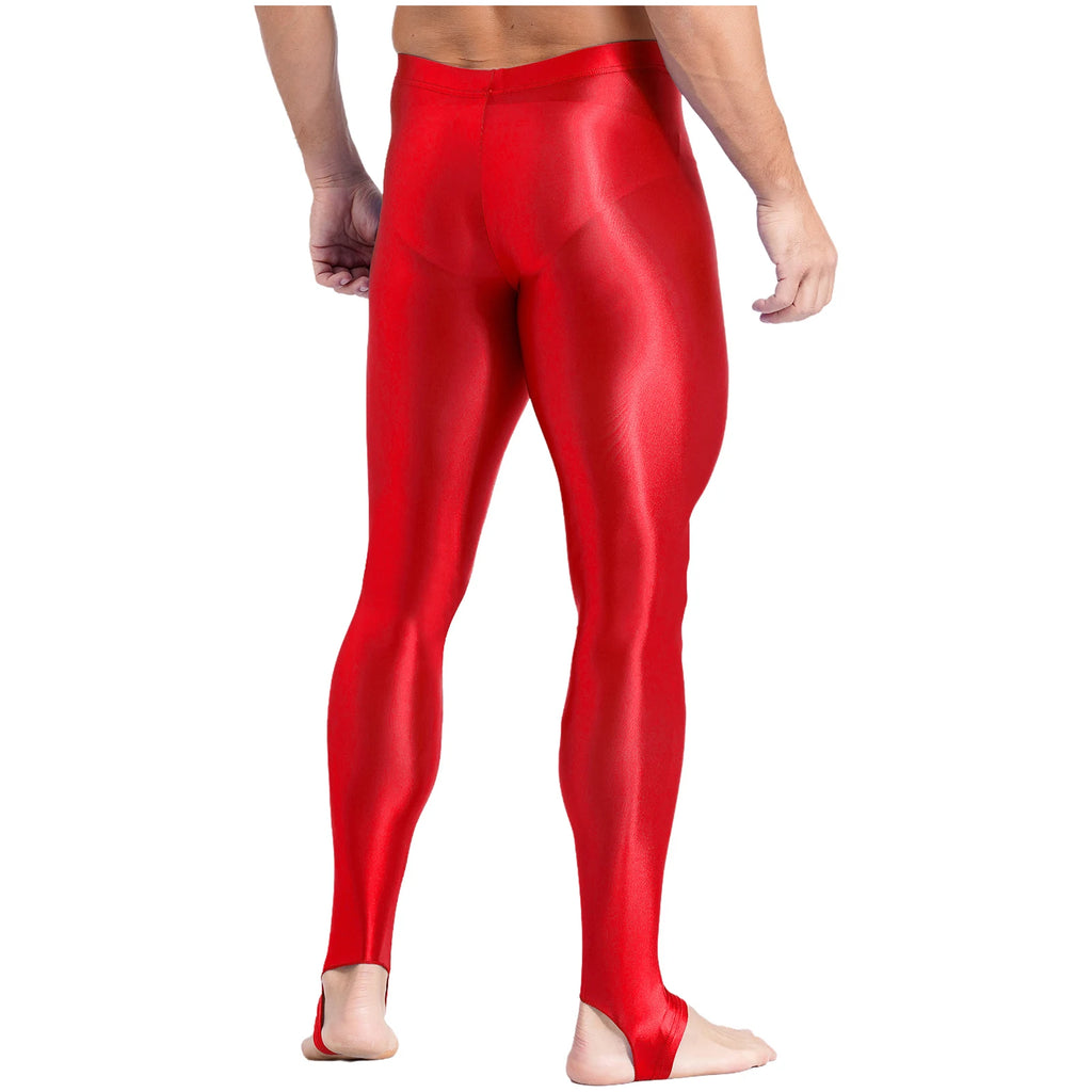 Mens Glossy Sports Pants Stirrup Leggings High Waist Elastic Waist Tights Gym Workout Pants Tummy Control Yoga Fitness Pants