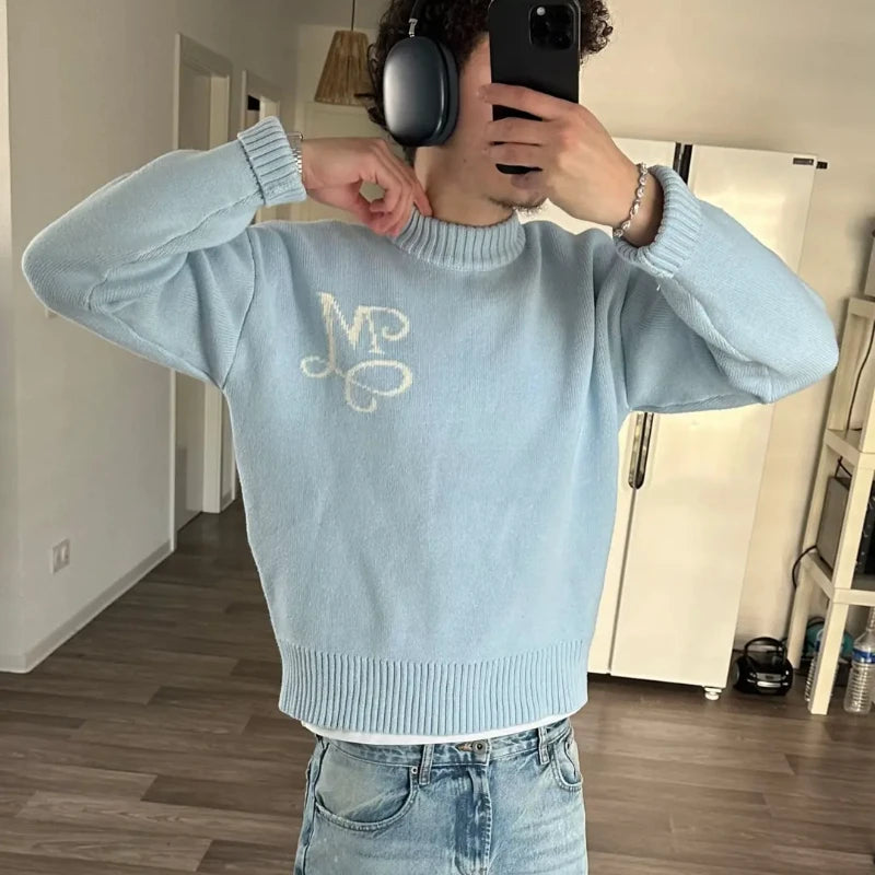 Y2K Retro Long Sleeve Sweater Signature M Logo Pattern Pullover Men New Fashion High Street Casual Streetwear Boxy Knitted Top
