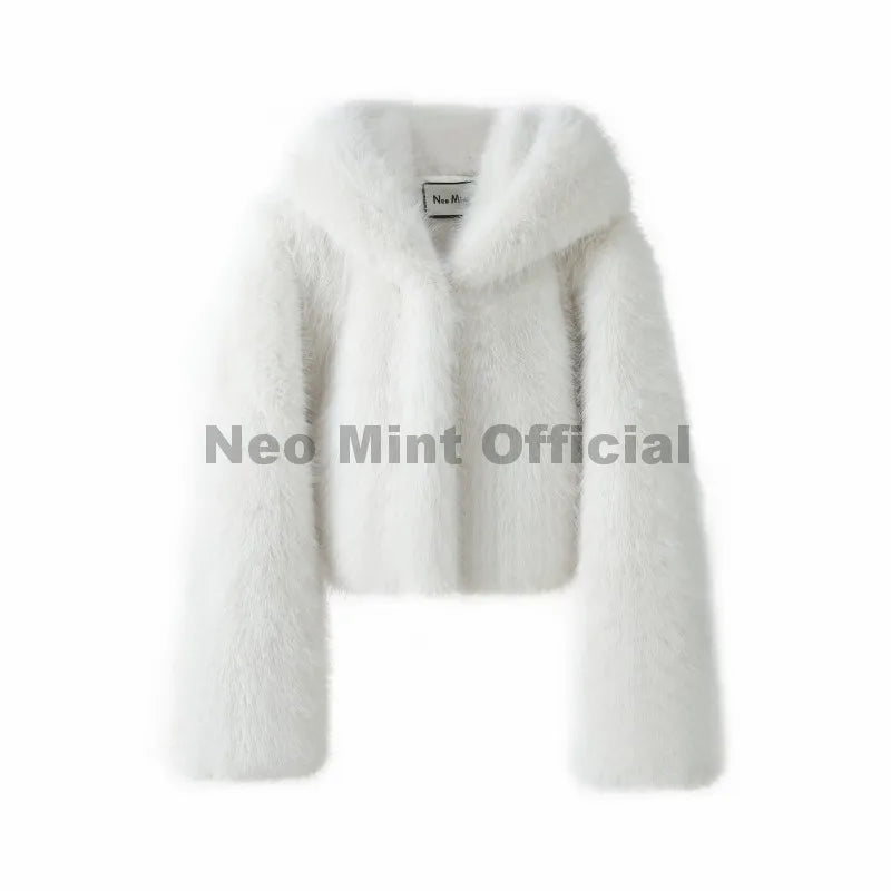 Neo Mint Winter 2025 Pure White Mountain Fashion Hooded Cropped Faux Fur Coat Women Fluffy Eco Fox Fur Jacket Girls Hot Overcoat