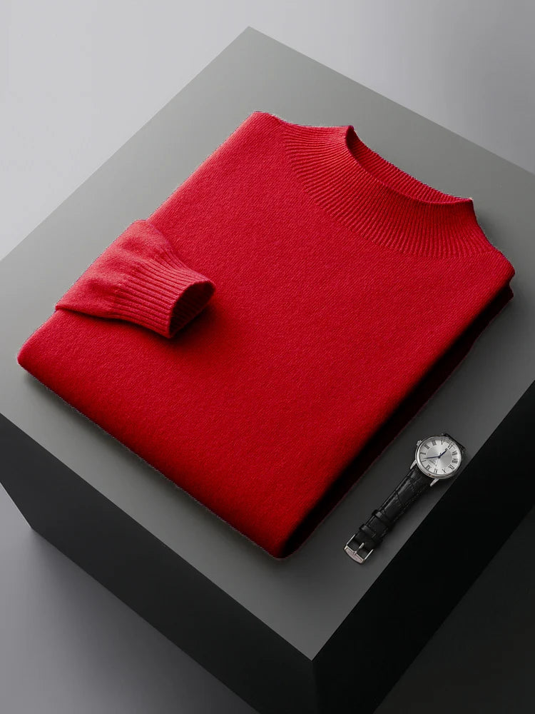 New Men's 100% Merino Wool Mock Neck Pullover Soft Warm Jumpers Quality Cashmere Sweater Casual Smart Knitwear Basic Tops Clothi