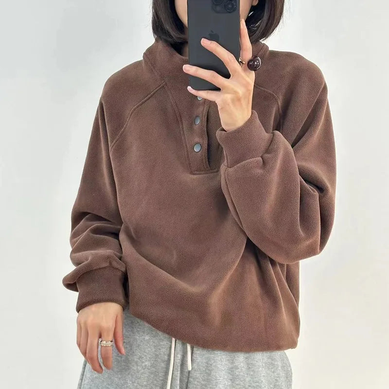 No Hat Hoodies Women Autumn College Basic Solid Casual All-match Stand Collar Button Trendy High Street Korean Style Mujer Cozy