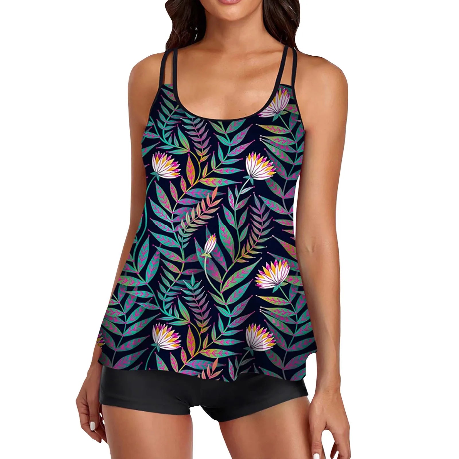 2024 New 2-Piece Swimsuit Women Casual Tropical Print Tankini Set Swimsuit Set Adjustable Suspenders With Elastic Shorts