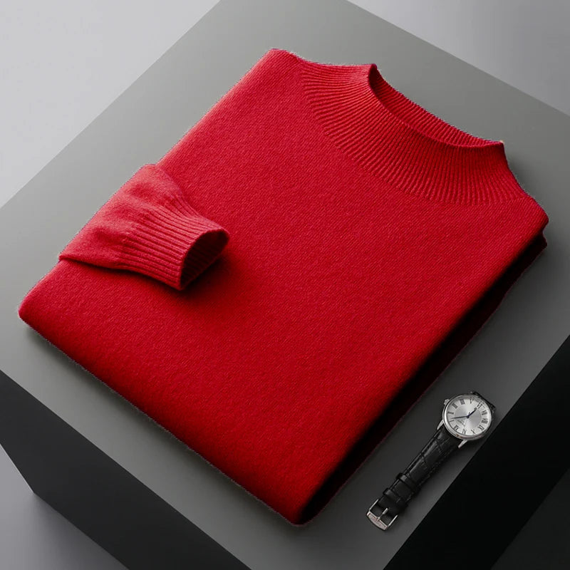 New Men's 100% Merino Wool Mock Neck Pullover Soft Warm Jumpers Quality Cashmere Sweater Casual Smart Knitwear Basic Tops Clothi
