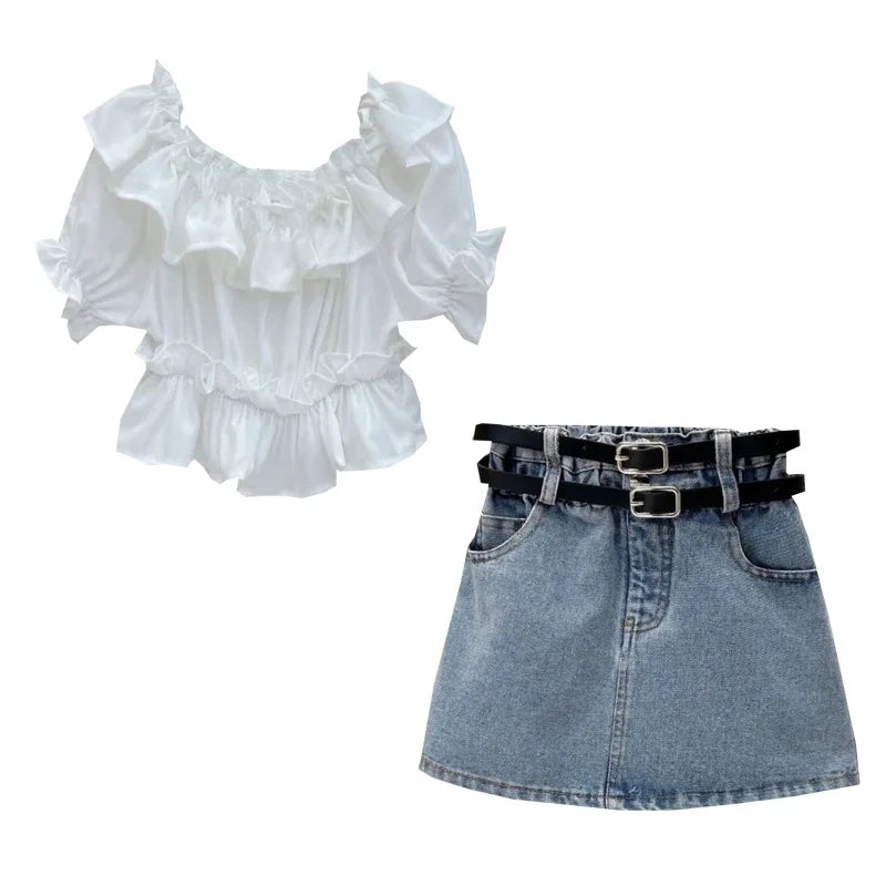 Girls' Ruffle Top & Denim Skirt Set with Belt