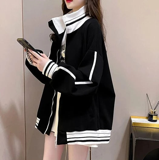 Female Clothes Black Sweatshirts for Women Full Zip Up Tops with Zipper Coat Striped Y2k Hoodie 2000s Long Sleeve Style Matching