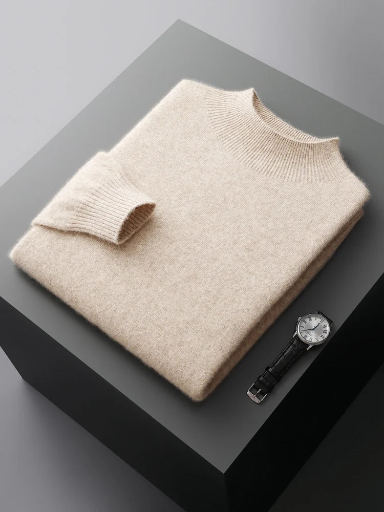 New Men's 100% Merino Wool Mock Neck Pullover Soft Warm Jumpers Quality Cashmere Sweater Casual Smart Knitwear Basic Tops Clothi