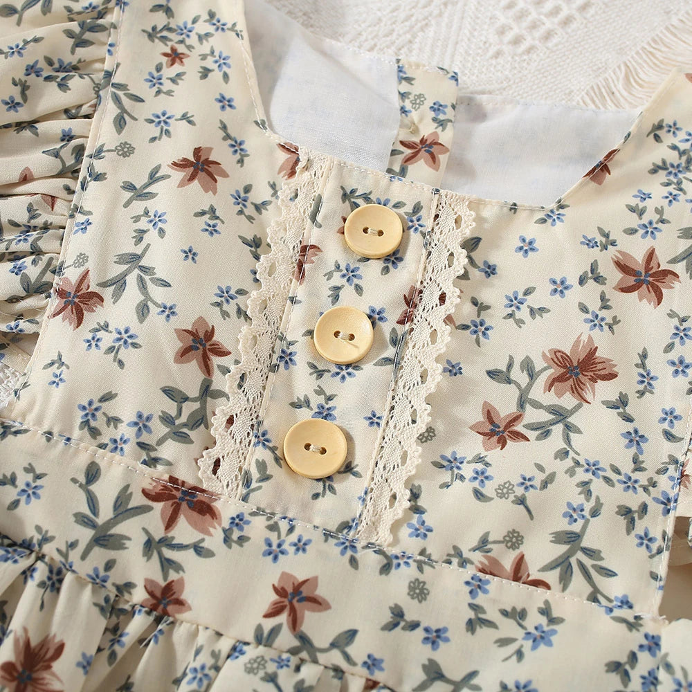 Girls' Floral Ruffle Flying Sleeve Casual Dress