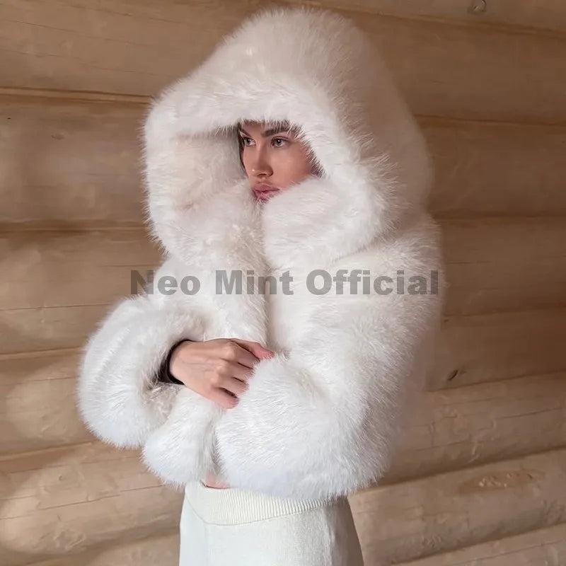 Neo Mint Winter 2025 Pure White Mountain Fashion Hooded Cropped Faux Fur Coat Women Fluffy Eco Fox Fur Jacket Girls Hot Overcoat
