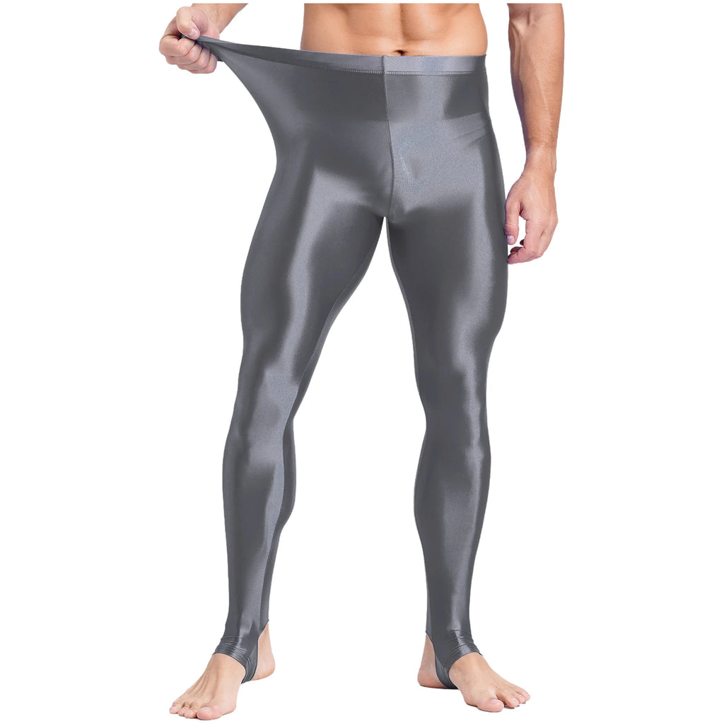 Mens Glossy Sports Pants Stirrup Leggings High Waist Elastic Waist Tights Gym Workout Pants Tummy Control Yoga Fitness Pants