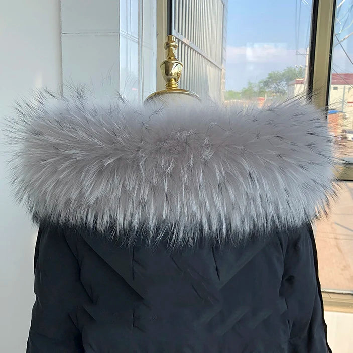 100% Real Fur Collar Luxury Warm Natural Raccoon Fur Scarf Women Genuine Fur Collar Scarves Large Fur Shawl Male Jacket Coat