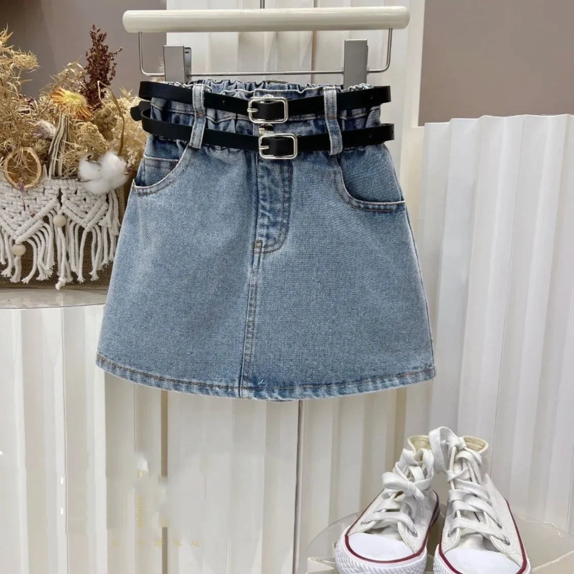 Girls' Ruffle Top & Denim Skirt Set with Belt