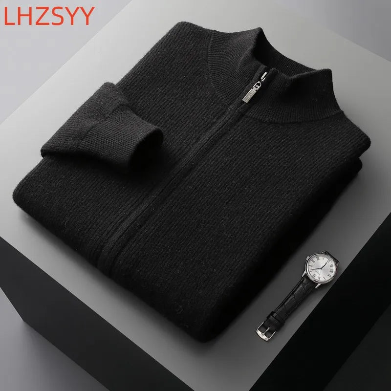 LHZSYY Men's Cashmere Knit Cardigan Middle-Aged Stand-up Collar Zip-up Coat 100%Pure Wool Autumn Winter Thick Sweater Men Jacket