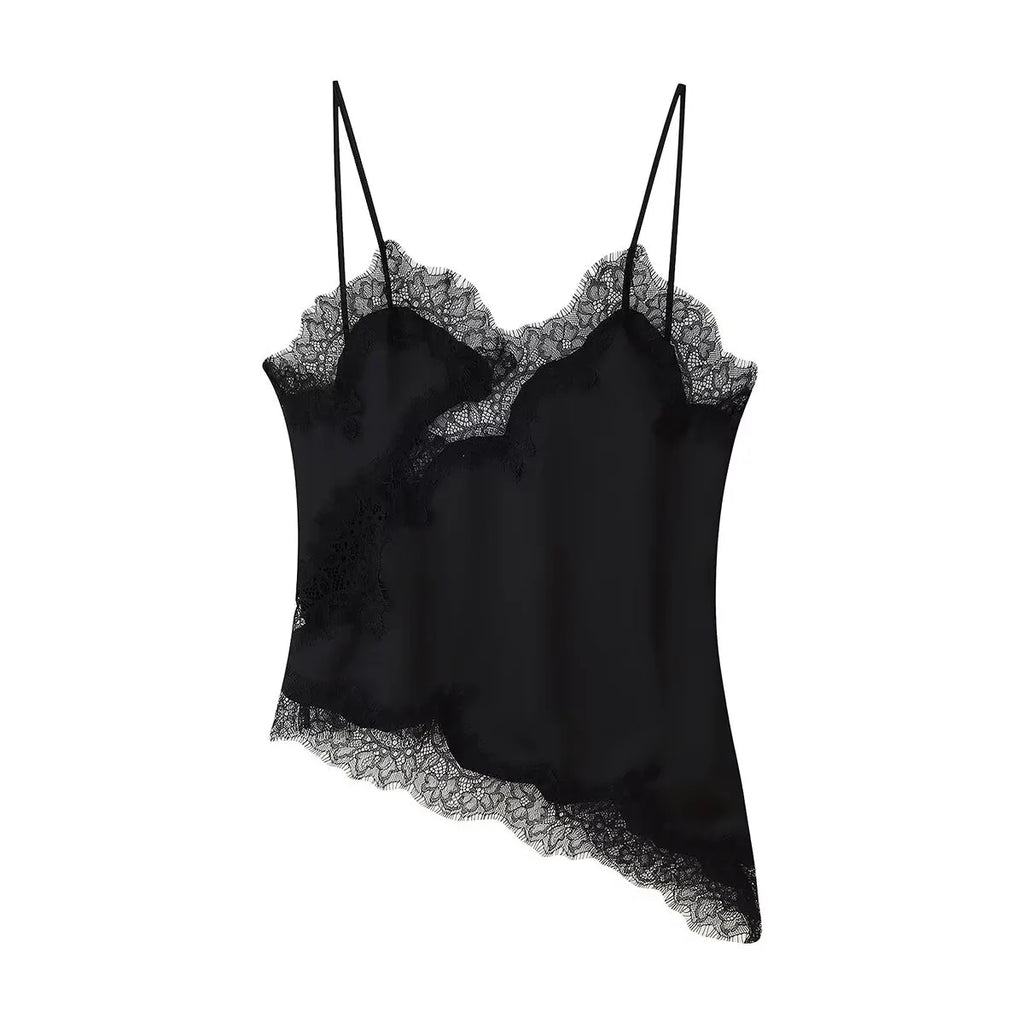Combhasaki Women Floral Lace Trim Satin High Low Vest Silk Spaghetti Strap Side Split Asymmetrical Cami Flowy Silky Layering Top