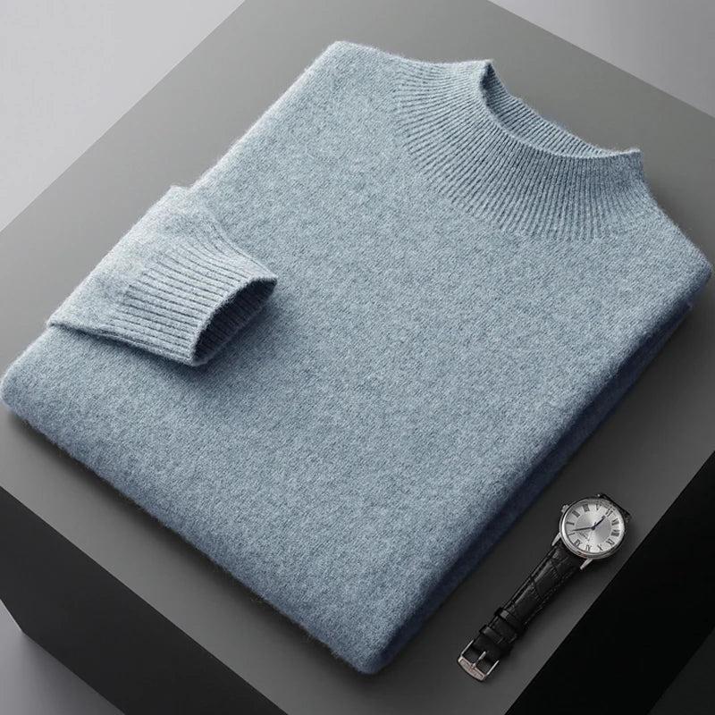 New Men's 100% Merino Wool Mock Neck Pullover Soft Warm Jumpers Quality Cashmere Sweater Casual Smart Knitwear Basic Tops Clothi