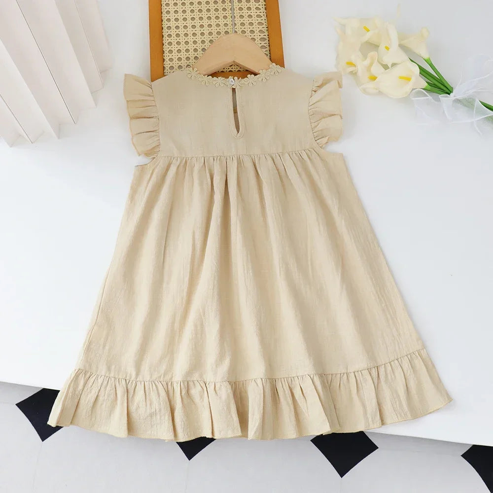 Girls' Khaki Embroidered Ruffle Pocket Dress