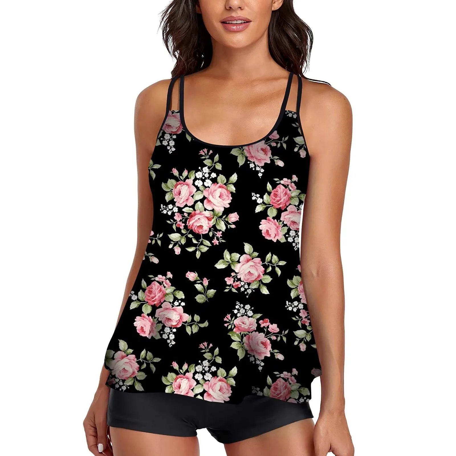 2024 New 2-Piece Swimsuit Women Casual Tropical Print Tankini Set Swimsuit Set Adjustable Suspenders With Elastic Shorts