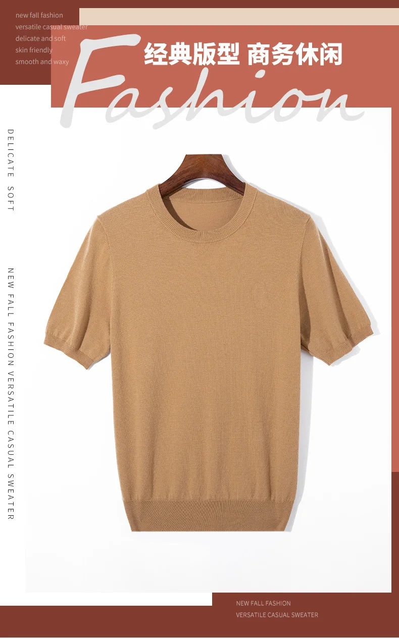 Summer Classic Short Sleeve Men Knitwear Silk Wool blend Sweater O-Neck Loose Cool Quality Business Pullover Basic Clothing Tops