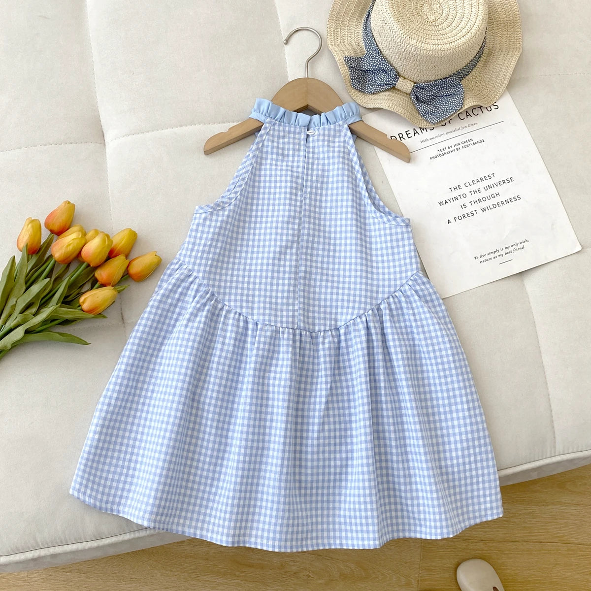 Girls' Checkered Bow Halter Neck Dress