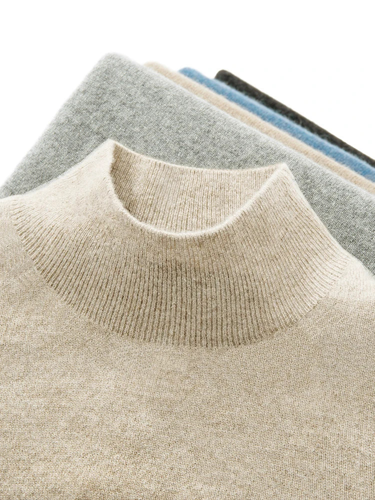 New Men's 100% Merino Wool Mock Neck Pullover Soft Warm Jumpers Quality Cashmere Sweater Casual Smart Knitwear Basic Tops Clothi