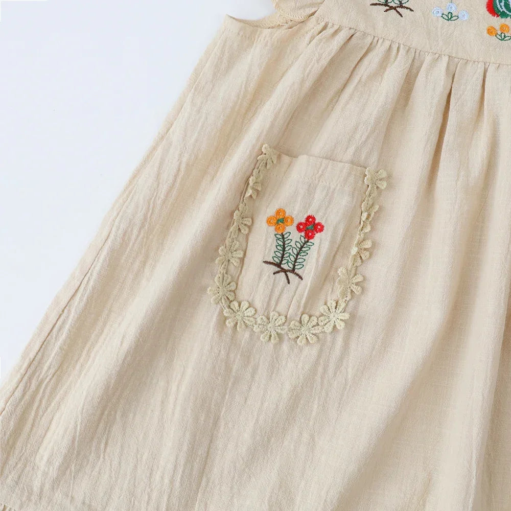 Girls' Khaki Embroidered Ruffle Pocket Dress