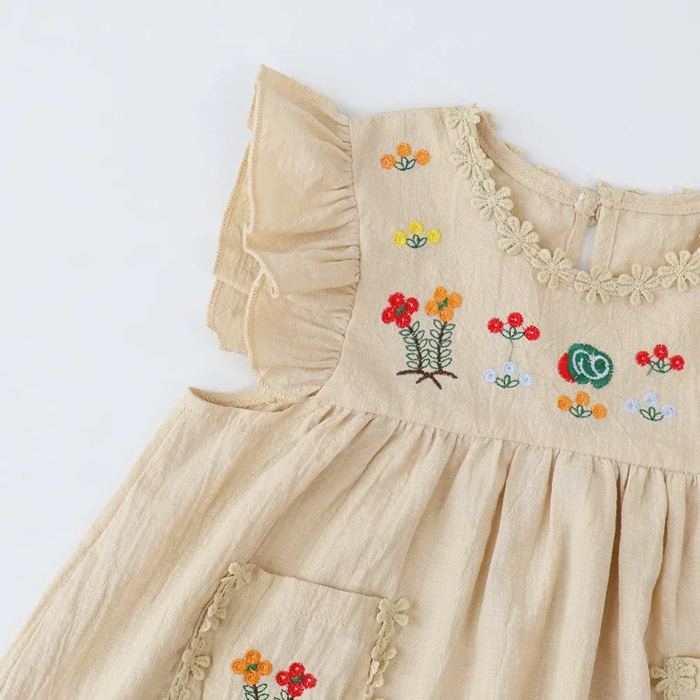 Girls' Khaki Embroidered Ruffle Pocket Dress