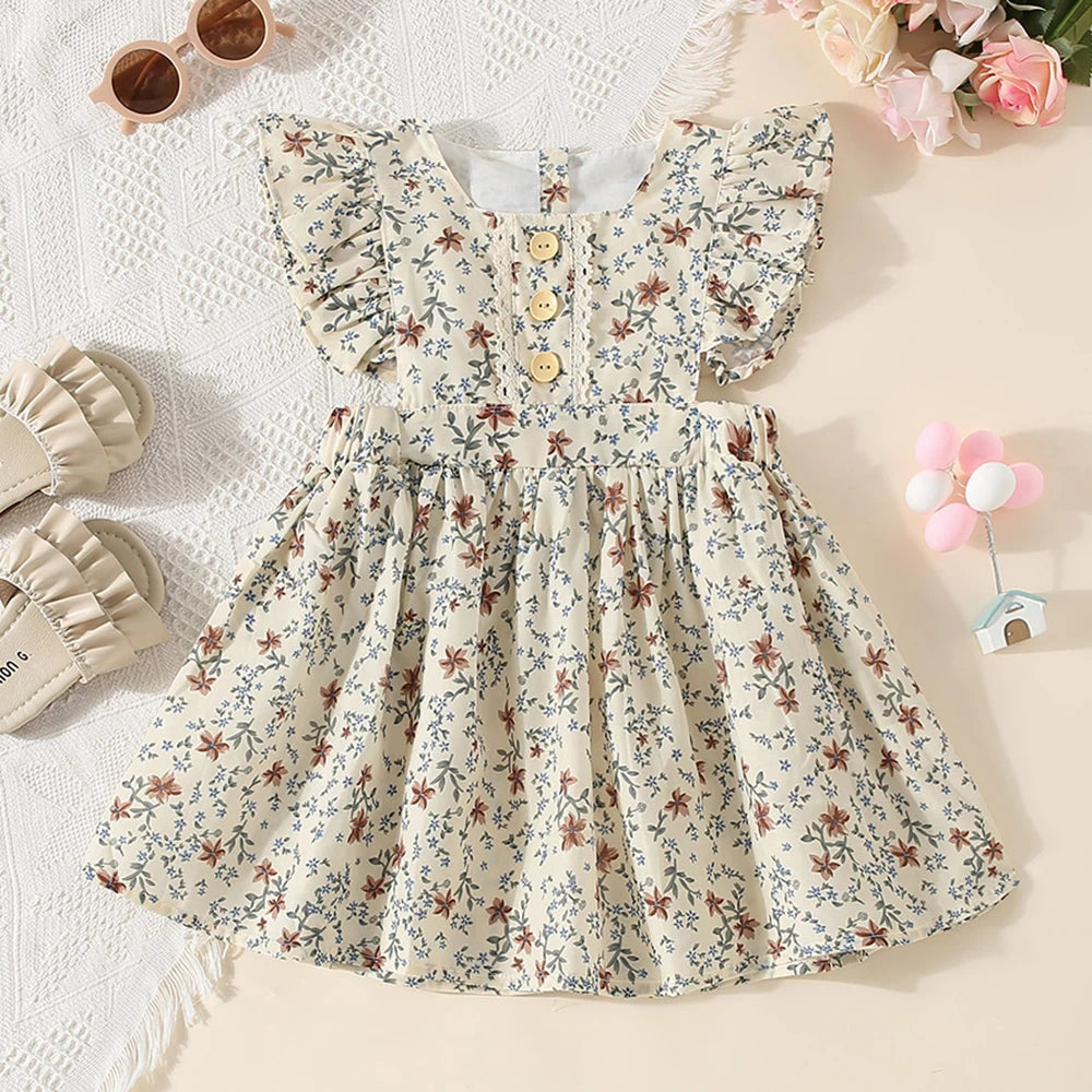 Girls' Floral Ruffle Flying Sleeve Casual Dress