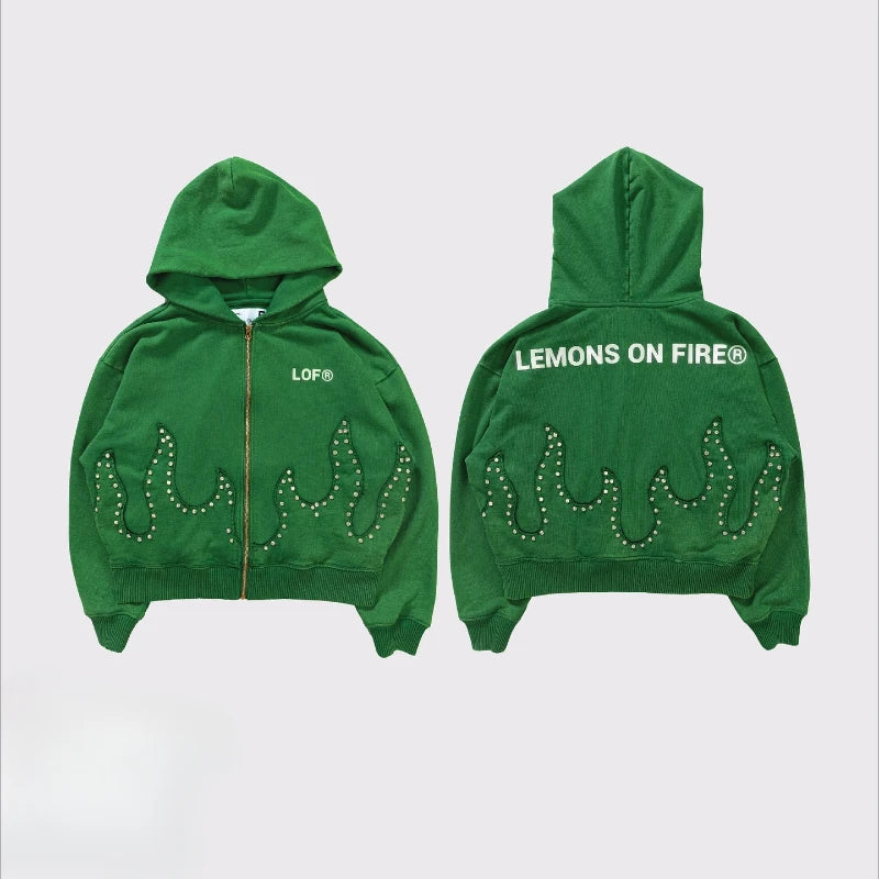 Y2K Men Hoodie Fashion Street Unique Diamond Personality Green Hoodie Goth Hip Hop Retro Harajuku Loose Zipper Hooded Sweatshirt