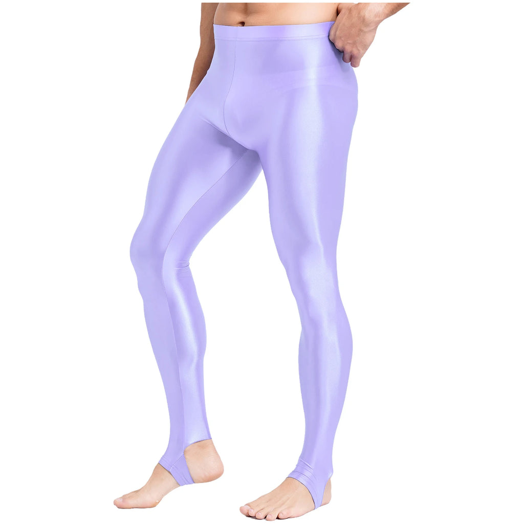 Mens Glossy Sports Pants Stirrup Leggings High Waist Elastic Waist Tights Gym Workout Pants Tummy Control Yoga Fitness Pants