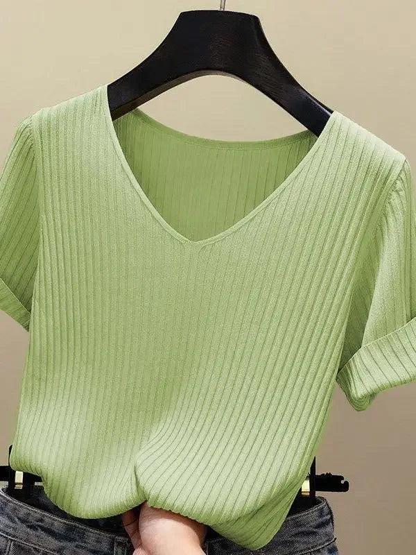 Women's Slim Knit V-Neck Short Sleeve Top