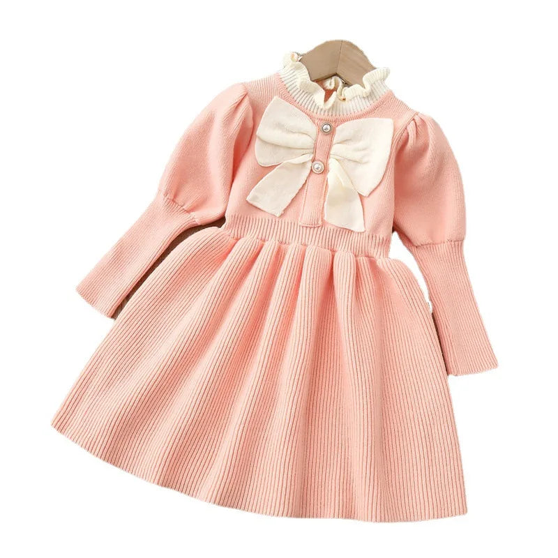 Girls' Woolen Bow Knit Jumpsuit Dress