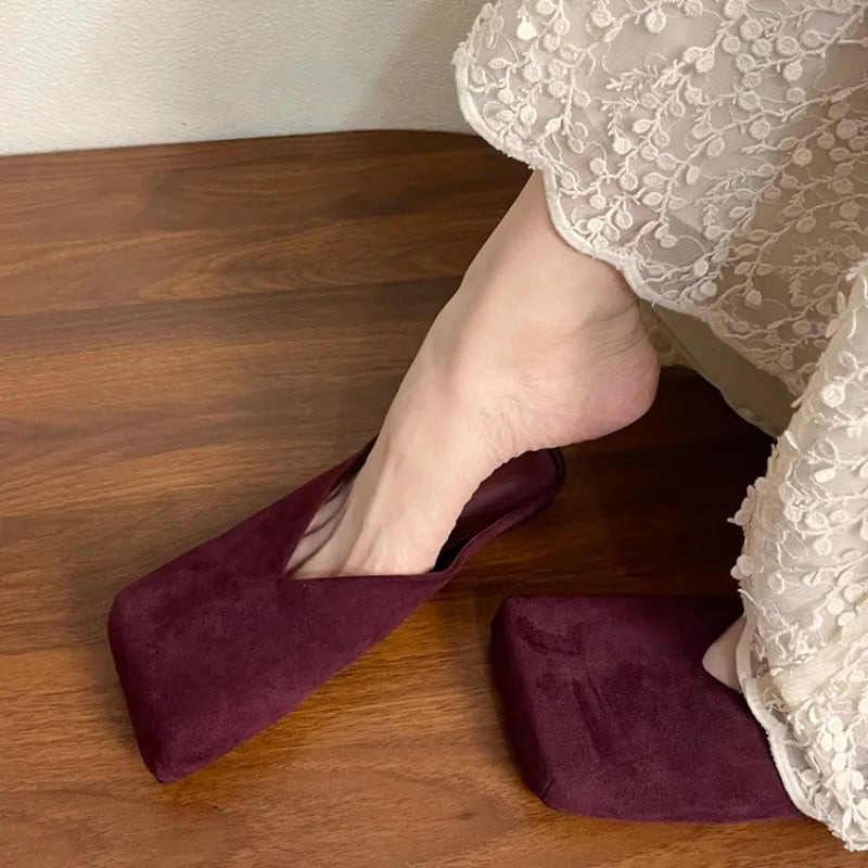 Suede Flats Women Cotton Slippers Square Toe Fashion Mules Shoes Casual Slingback Women's Winter Boots Trend Mujer Zapatos